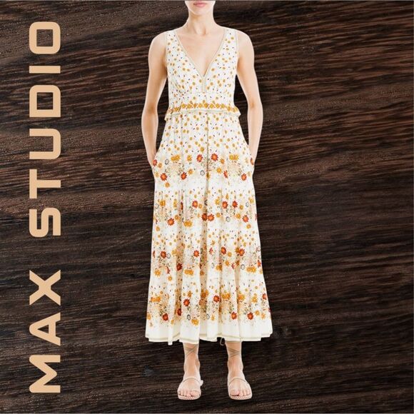 MAX STUDIO V-Neck Peplum Floral Sleeveless Maxi Dress in the Size X-Large - Picture 1 of 12